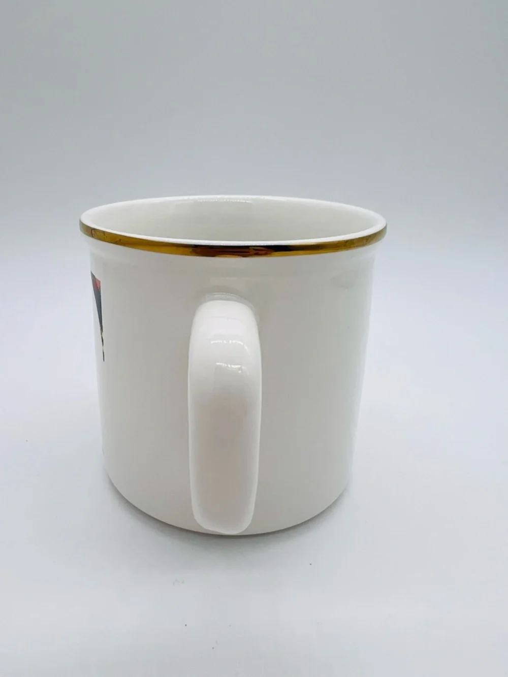Pottery Barn White Mug with Red & Green Stewart Plaid T and Gold Rim